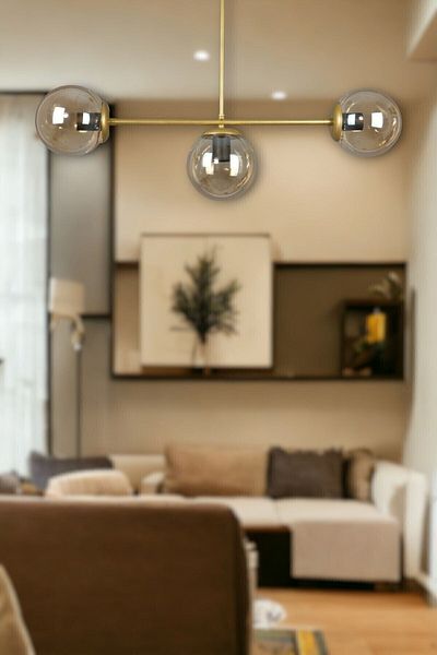Fer Avize Neron Special Design Antique Color Globe Honey Glass Living Room - Kitchen - Bedroom 3-Piece Chandelier