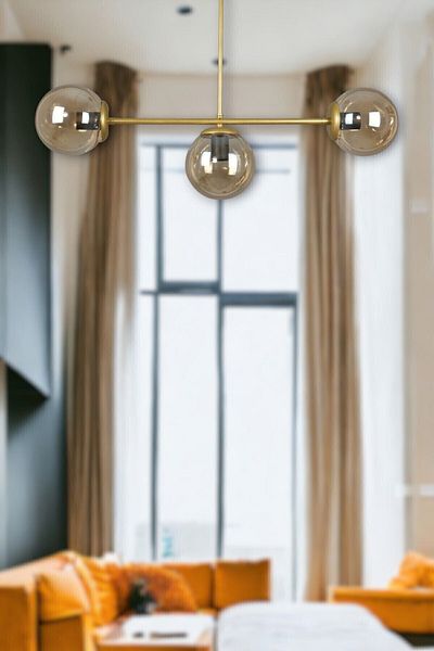 Fer Avize Neron Special Design Antique Color Globe Honey Glass Living Room - Kitchen - Bedroom 3-Piece Chandelier