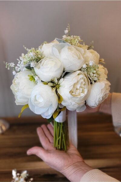 FilizKonuk Gelin Buketi Nişan Çiçeği Nikah Çiçeği, Beyaz Soft Renk Boho Yapay...