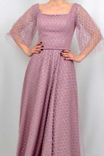 ALİS DRESS Kadın Gül Kurusu Kare Sim Detaylı Abiye