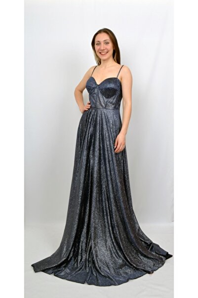 ALİS DRESS Kadın Lacivert İp Askılı Kare Desenli Parıltılı Abiye Elbise