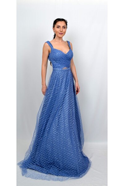 ALİS DRESS Kadın Indigo Rengi Kare Desenli Bel Detaylı Abiye