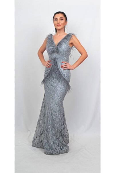ALİS DRESS Kadın Gri Otrişli Sırtı Bağlamalı Dantel Abiye