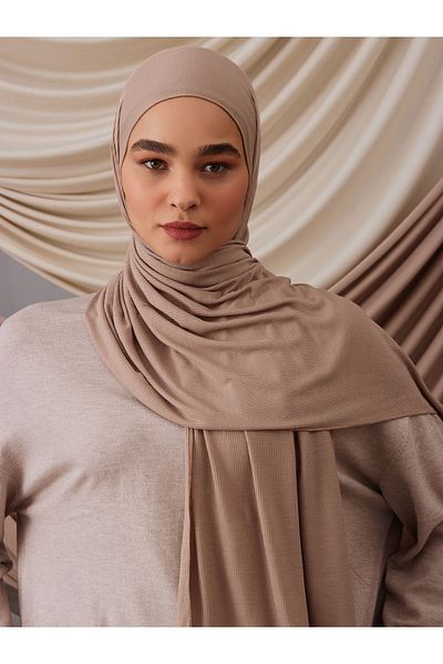 Femple Modest Σάλι Ζέρσεϊ με ραβδωτό μπαμπού ζεστή άμμο - Hijab 180x70 cm