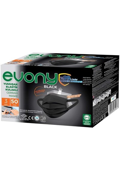 Evony 3 Katlı Filtreli Burun Telli Cerrahi Maske 250 Li Set Siyah/black (yumuşak Elastik Kulaklı)