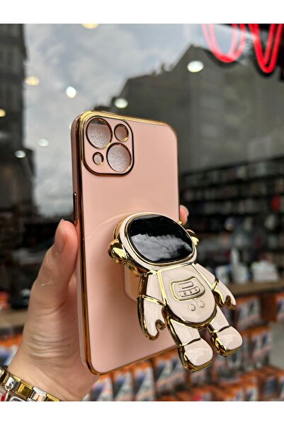 OVADA iPhone 13/14 Uyumlu Kamera Korumalı Astronot Detay PopSocketli Kenarları Gold Premium Silikon Kılıf