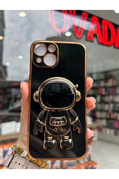 OVADA iPhone 13/14 Uyumlu Kamera Korumalı Astronot Detay PopSocketli Kenarları Gold Premium Silikon Kılıf