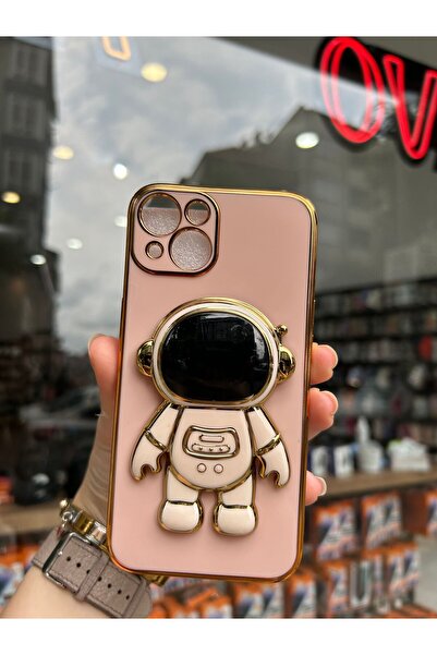 OVADA iPhone 13/14 Uyumlu Kamera Korumalı Astronot Detay PopSocketli Kenarları Gold Premium Silikon Kılıf