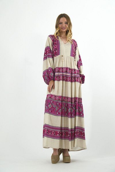 ABBRA Sommerkleid aus 100 % Viskose mit Ballonärmeln und Quasten für Damen