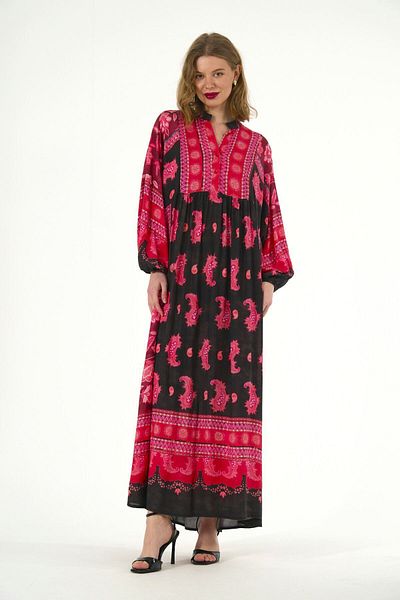 ABBRA Women's High Collar 2-Button 100% Viscose Summer Dress
