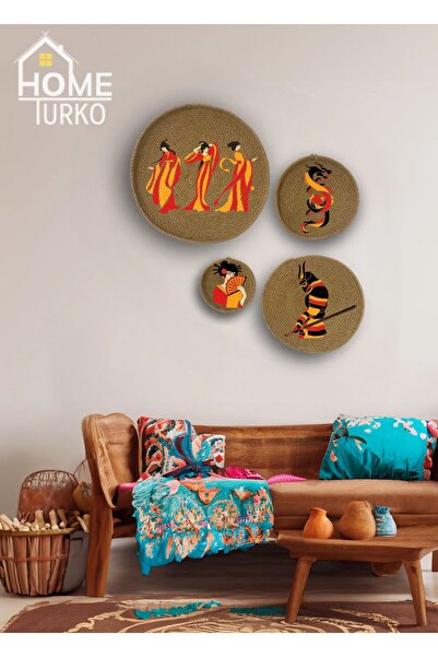HomeTurko 4'lü Takım Duvar Süsü, Duvar Tabağı, Jüt Dekor, Afrika Duvar Süsü, ...