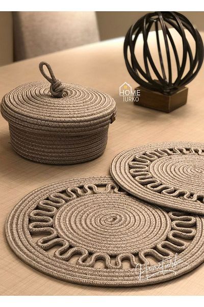 HomeTurko 2 Pieces of Tableware, 1 Piece of Bread Basket Set, Jute Plate, Placemat, Plate, Bread Basket