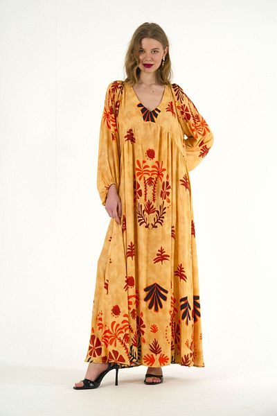 ABBRA Rochie de vară maxi 100% viscoză cu mâneci cu balon pentru femei