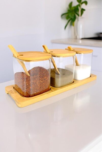 Digithome Borosilicate Thin Glass and Wooden 3-Piece Jar Set with Stand - Brown F/3