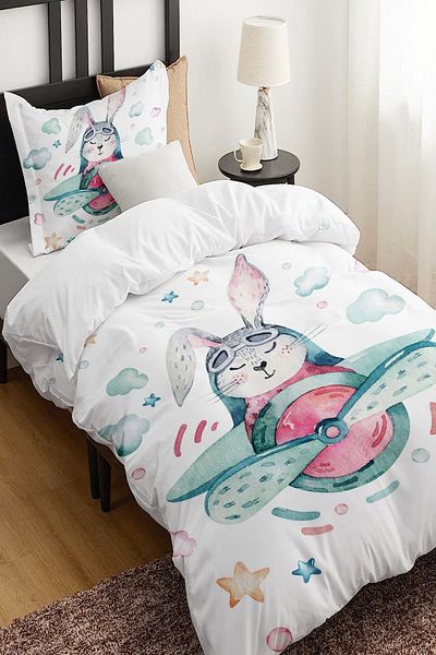 Else Dekor Airplane Rabbit Animal Patterned Single Children's Duvet Cover Set Without Sheets