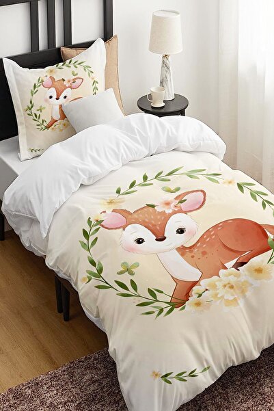 Else Halı Çiçekli Ceylan Hayvanlı Desenli Çarşafsız Tek Kişilik Çocuk Nevresi...