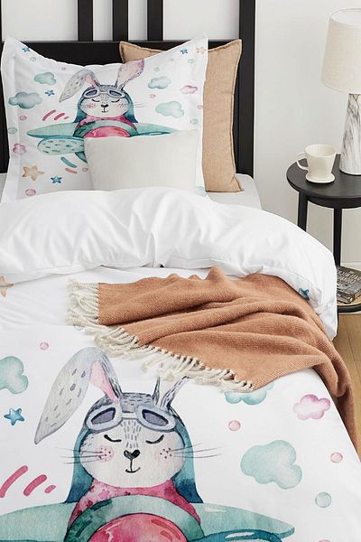 Else Dekor Airplane Rabbit Animal Patterned Single Children's Duvet Cover Set Without Sheets