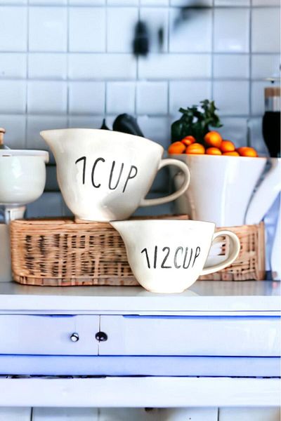 Akkoyunlu home Ceramic Measuring Cup with Handle 250 ml and 500 ml 2-Piece Measuring Cup