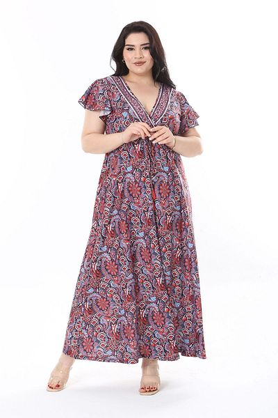 Şans Rochie lungă, colorată, cu guler înfășurat, cu șireturi, marimi mari, pentru femei - 65N37933