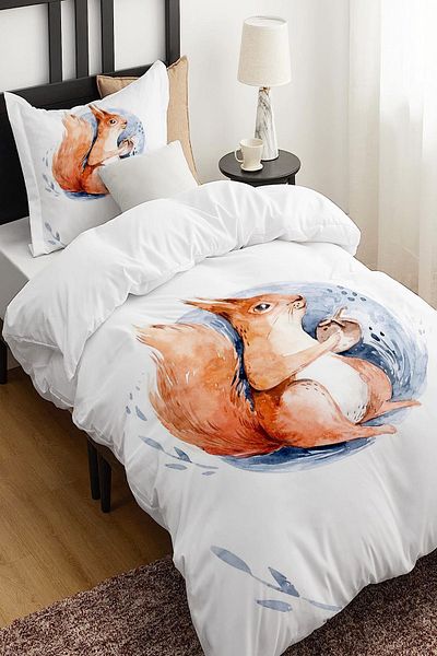 Else Dekor Cute Squirrel Animal Patterned Single Children's Duvet Cover Set Without Sheets