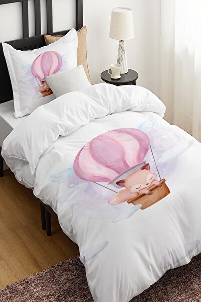 Else Halı Mor Uçan Balonlu Tilkili Desenli Çarşafsız Tek Kişilik Çocuk Nevres...