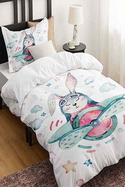 Else Halı Uçaklı Tavşan Hayvanlı Desenli Çarşafsız Tek Kişilik Çocuk Nevresim...