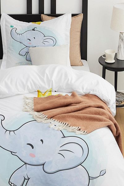 Else Dekor King Crowned Blue Elephant Patterned Single Children's Duvet Cover Set Without Sheets