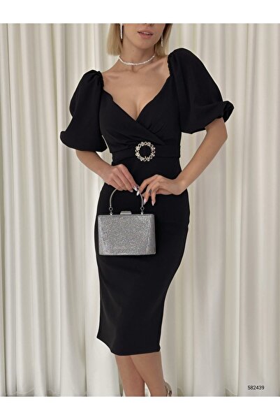 WoolnClyde Γυναικείο μαύρο φόρεμα με διπλό στήθος, ελαστικό ύφασμα με ασημένια αγκράφα, λεπτομερές κοντό μανίκι με μπαλόνι, μίντι βραδινό φόρεμα