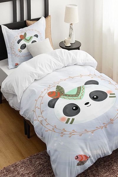 Else Dekor Native American Cute Panda Patterned Single Children's Duvet Cover Set Without Sheets