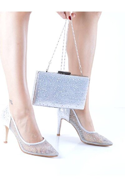 Şanslı Ayakkabıcılık Gümüş Sıvama Taşlı Ince Topuklu Abiye Ayakkabı Çanta Takım