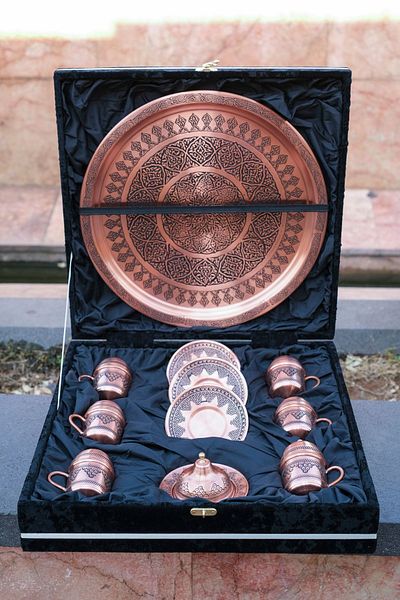 GABAALTI Gaziantep Copper Grape Turkish Coffee Cup Set for 6 People - Heavy Processed, Special Box
