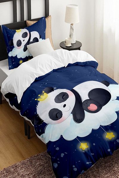 Else Dekor Blue Cute Sleeping Panda Patterned Single Children's Duvet Cover Set Without Sheets