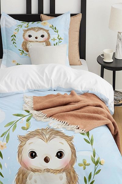 Else Dekor Blue Floral Owl Patterned Single Children's Duvet Cover Set Without Sheets