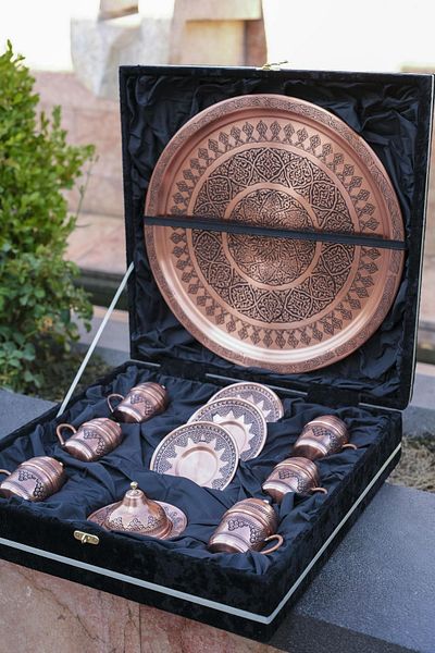 GABAALTI Gaziantep Copper Grape Turkish Coffee Cup Set for 6 People - Heavy Processed, Special Box