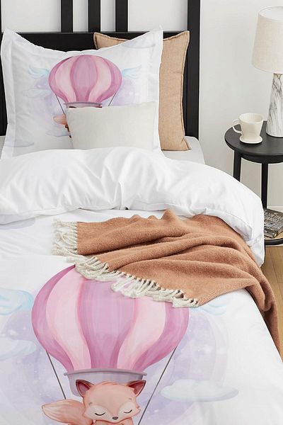 Else Dekor Purple Flying Balloon Fox Patterned Single Children's Duvet Cover Set Without Sheets