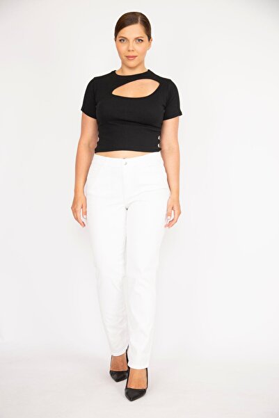 Şans Women's Large Size Bone High Waist Side Belt Elastic Lycra 5 Pocket Jeans 65N37894