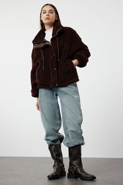 Trendyol Collection Oversize hnědá plyšová bunda - na zip, Twoaw21Mo0132