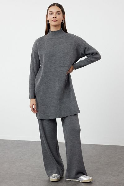 Trendyol Modest Antracit hasított széles lábú kötöttáru alsó-felső készlet TCTAW24US00028