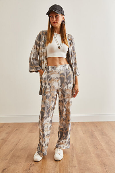 Olalook Ecru Smoked Women's Kimono and Palazzo Trousers Set - TKM-19000297