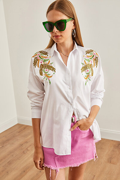 Olalook Cămașă oversize pentru femei cu broderie albă frunze - GML-19001228