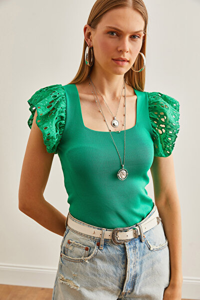 Olalook Πράσινη τετράγωνη γιακάς πλεκτά γυναικεία μπλούζα - BLZ-19002699