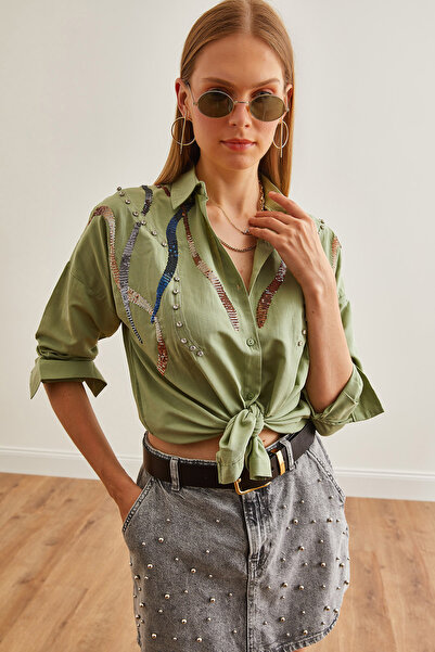 Olalook Watery Mold Green Palm Detailed Women's Shirt - GML-19001225