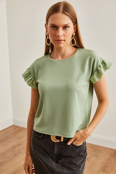 Olalook Damen-T-Shirt mit wassergrünem Ärmel und Rüschen-Camisole TSH- 19000417