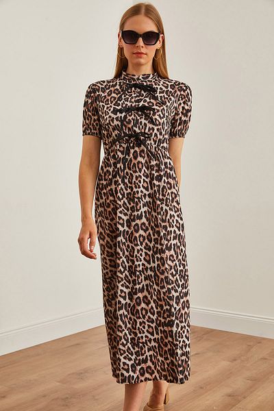 Olalook Μπεζ Leopard Print Μακρύ Φόρεμα για Γυναικεία - Βαθύ χαμηλά κοψίματα και κορδόνια ELB-19002213