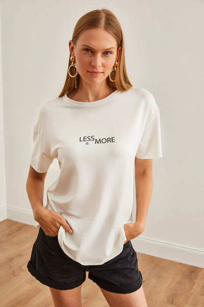 Olalook Ecru Modal μαλακό γυναικείο μπλουζάκι με κουμπιά - Οβάλ κάτω μέρος TSH-19000771