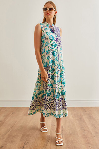 Olalook Εκρού Μπλε Μαξι Φόρεμα με ψηλό γιακά - Λεπτομέρεια δαντέλας, υφαντό, ELB-19002217