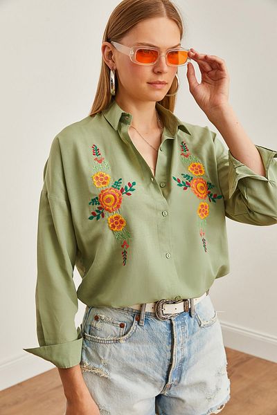 Olalook Orangefarbene Blumenstickerei - Übergroßes Damenhemd GML-19001228