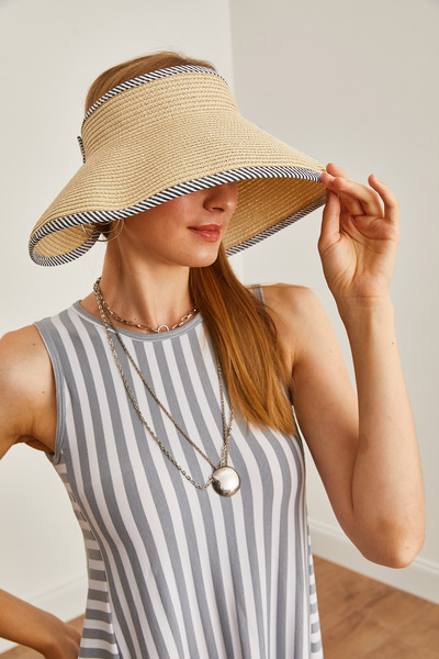 Olalook Beige Striped Straw Visor Hat - Bow Detail, Back ŞPK-00000013