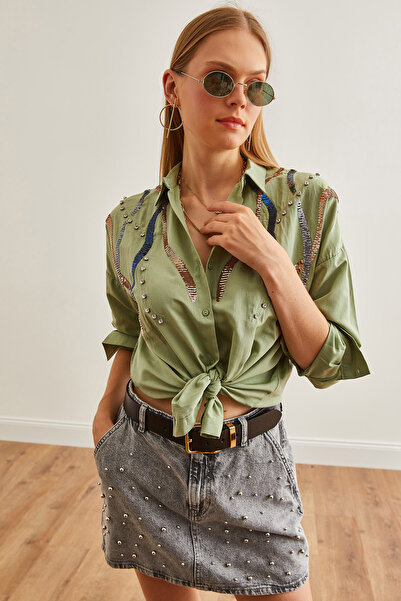 Olalook Watery Mold Green Palm Detailed Women's Shirt - GML-19001225