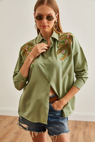 Olalook Γυναικείο πουκάμισο Oversize Πράσινο Κεντημένο Φύλλο Φύλλων - GML-19001228